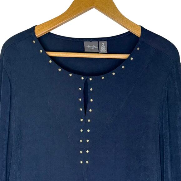 Travelers by Chico's Women's Studded Tunic Top Size 2 / L Navy Blue Acetate - Picture 2 of 8